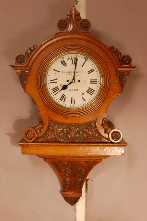 Rare Sir John Bennett Oak Bracket double fusee cha: Rare Sir John Bennett Oak Bracket double fusee chain movement, carved oak case. 47"l x 27"w x 8"d Ca. 1840