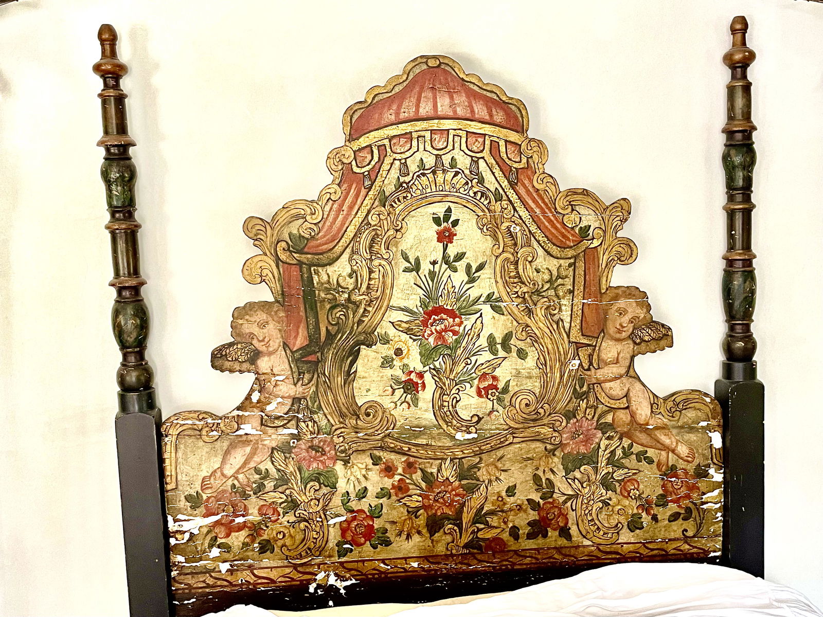 Hand Carved Spanish Polychrome Antique Bed (1 of 1)