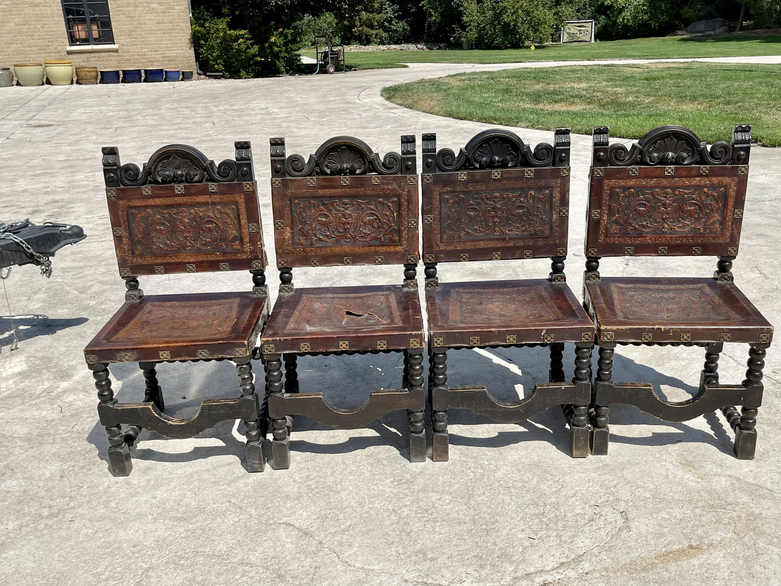 Set of Four Spanish Embossed Leather Oak Chairs (1 of 2)