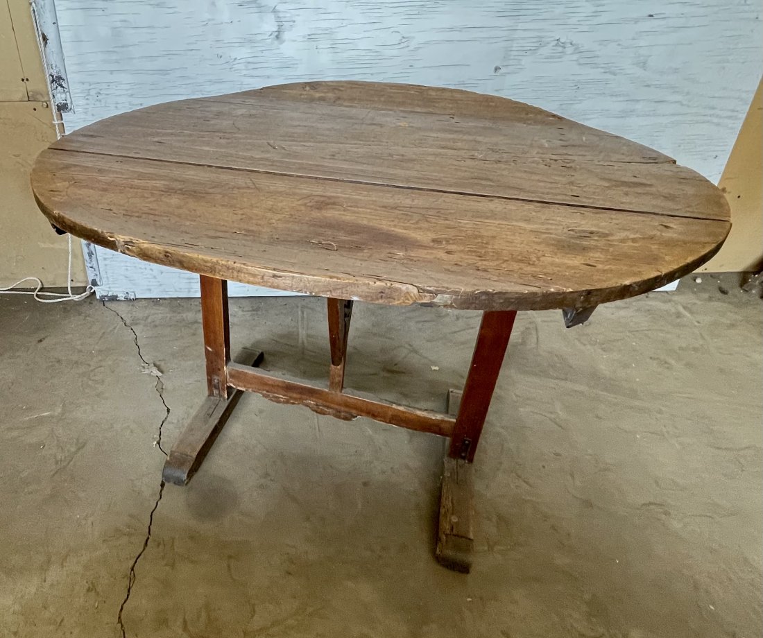 French Oak Folding Wine Tasting Table: Period: 18th century Origin: France Description: rare French wooden wine tasting table with folding top. Dimensions: 20"t x 45"w