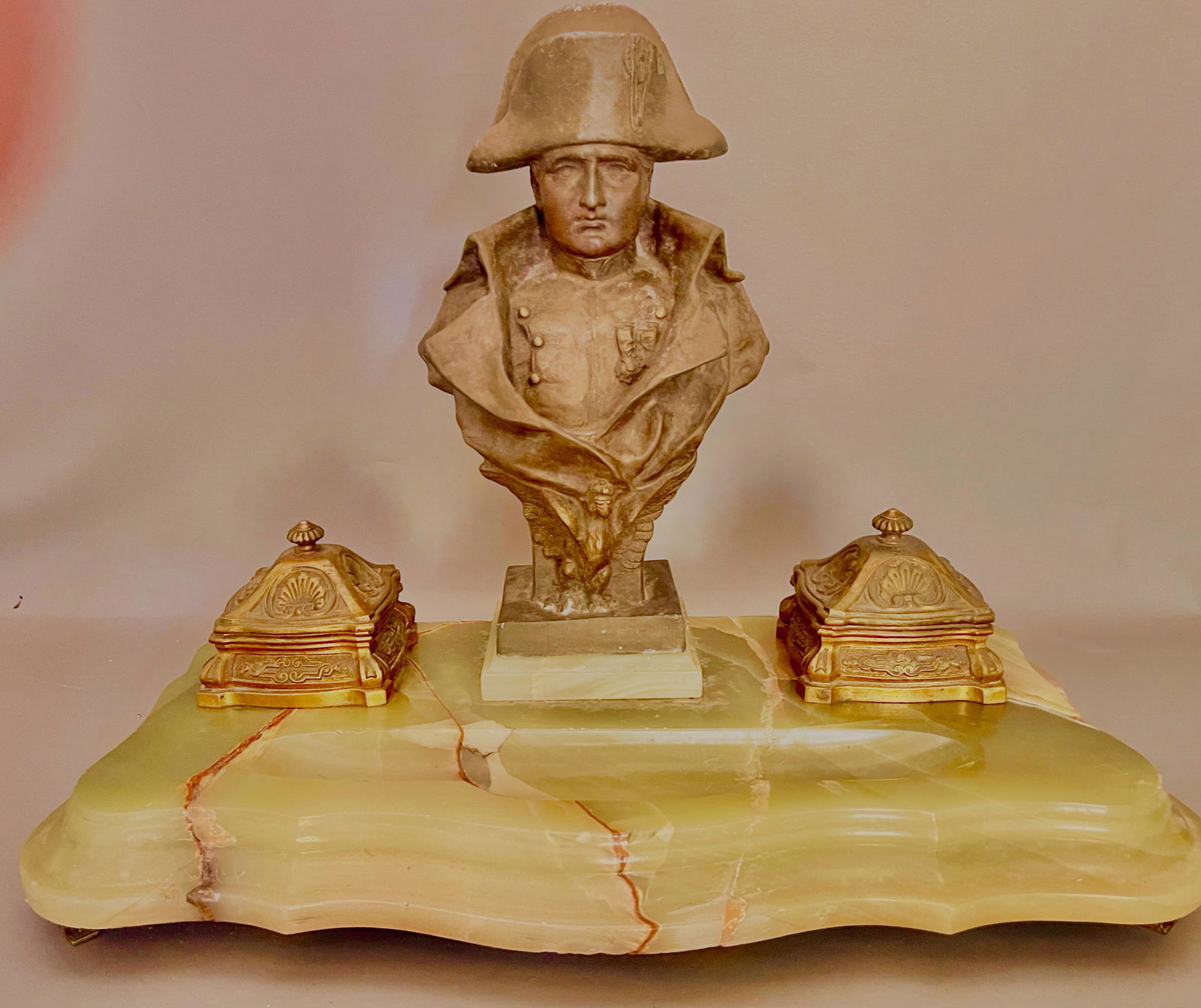 French Grand Green Onyx & Bronze Inkwell (1 of 3)