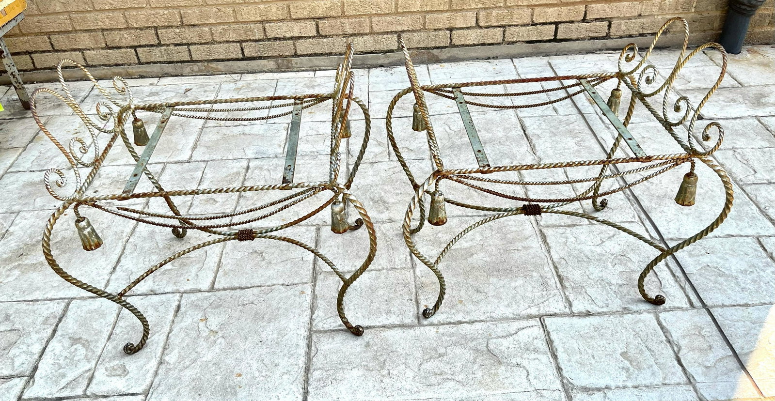 Pair of Gilded Iron Benches with Tassels: Period: 20th century Origin: Italy Description: two wrought iron benches with tassels Dimensions: 23"t x 18"d x 24"L