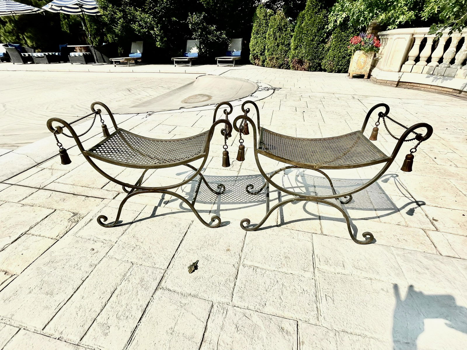 Pair of X-Frame Gilded Iron Benches (1 of 2)