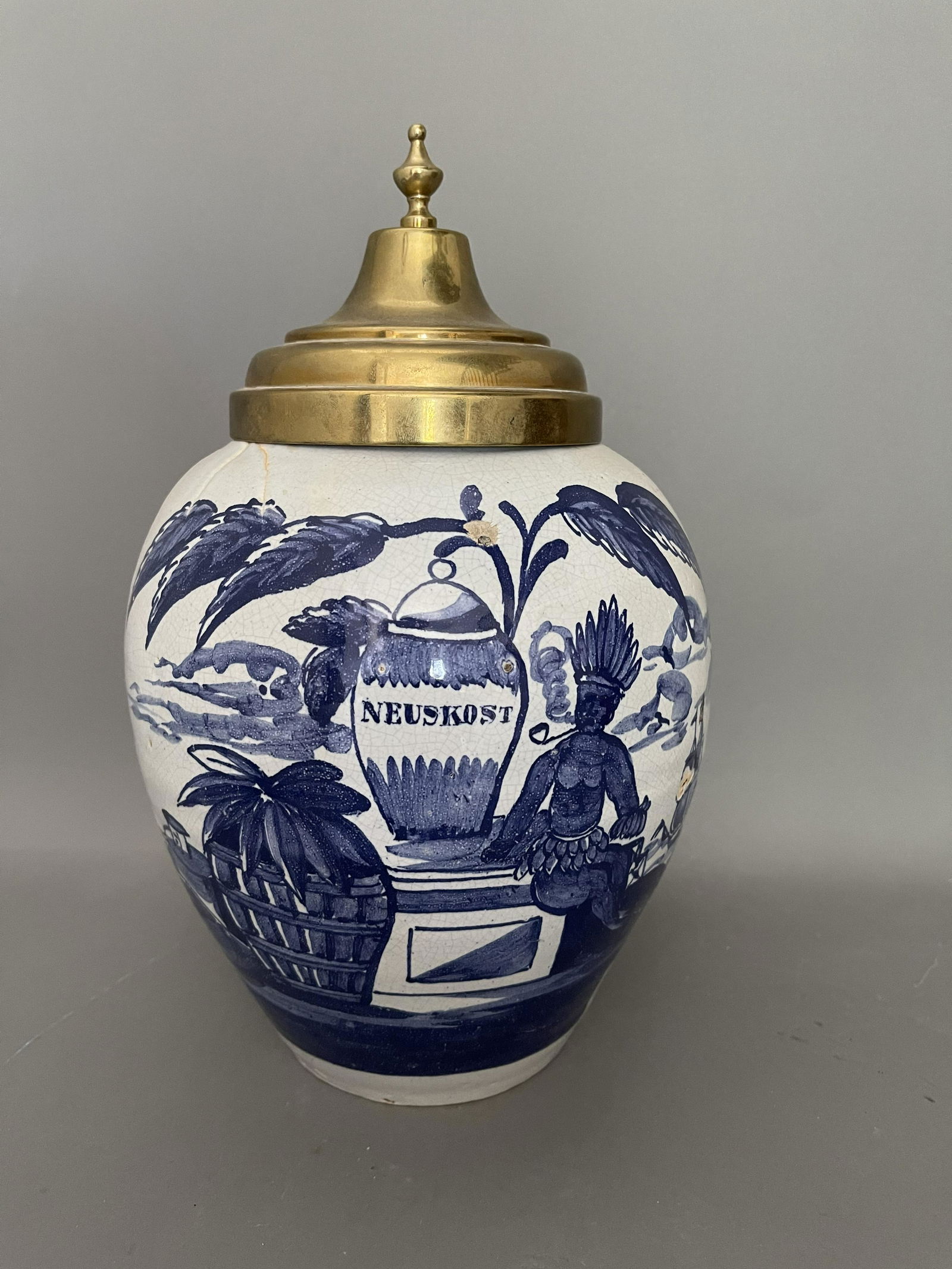 Blue & White Dutch Delft Tobacco Jar w/ Brass Top (1 of 3)