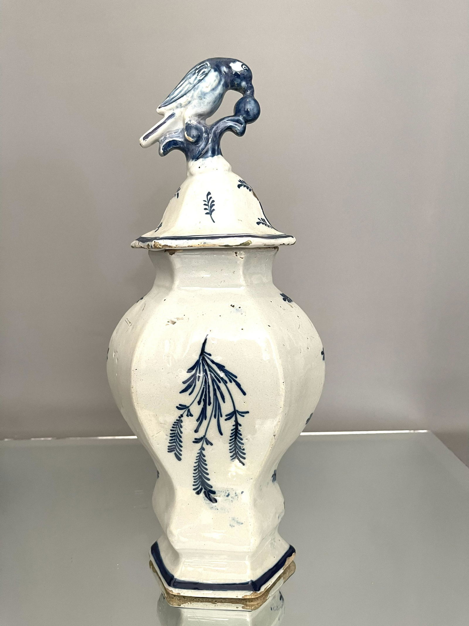 Blue & White Dutch Delft Vase with Lid and Flowers (1 of 4)