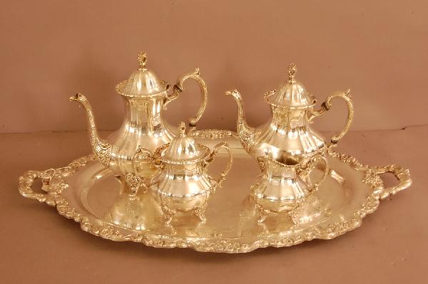 Poole Silver Plate Tea Service: 5 Piece Silver Plate set by Poole. Tray is 30" l x 20" w ca. 1920