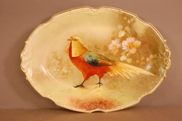 Limoges Oval Serving Tray Hand Painted Bird Signed