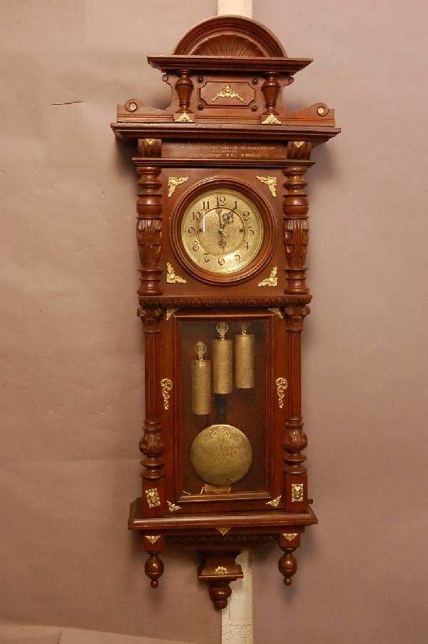 Gustav Becker # Weight Vienna Regulator in Walnlut : Gustav Becker # Weight Vienna Regulator in Walnlut case, Matching Dial, Weights & Pendulm signed on back of clock works, Gustav Becker, 50" t x 18 1/2" w x 8" d Ca. 1885