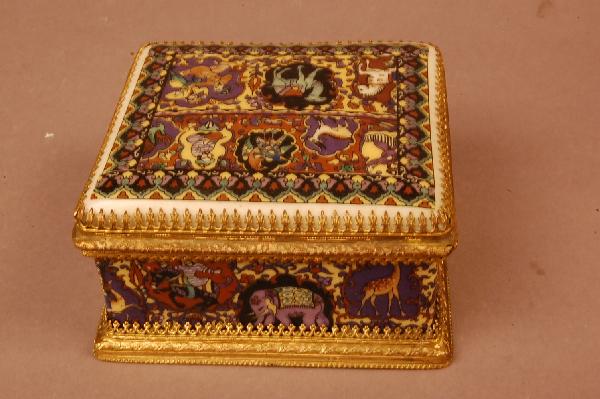 Enameled Porcelain Dresser Box. Dore Bronze Trim : Enameled Porcelain Dresser Box. Dore Bronze Trim and Bare. 2 1/2" t x 4" w x 3 1/2" d Ca. 1900
