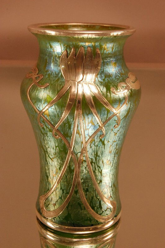 Loetz Art glass Vase Green Iridescent with silver o: Loetz Art glass Vase Green Iridescent with silver overlay.5 1/2" t x 3" w x 3" w Ca. 1920