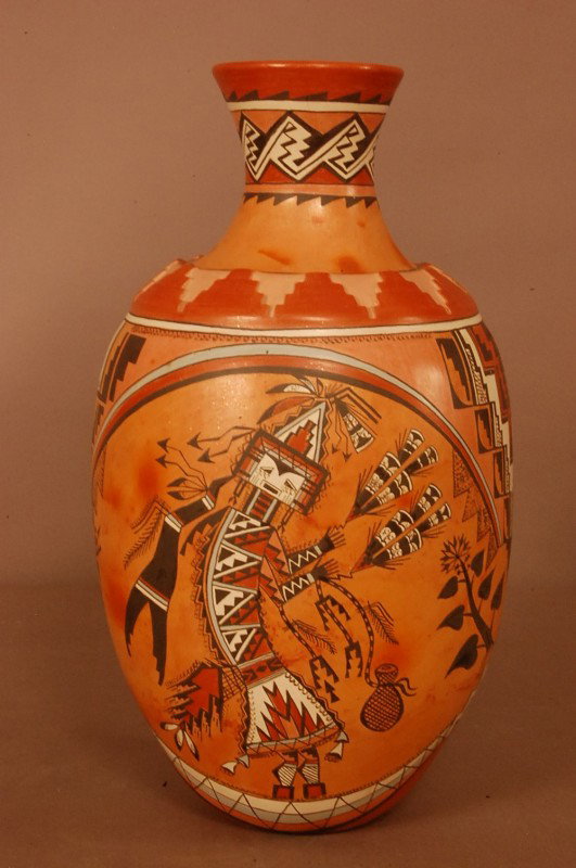 Navajo "Rain People of the Waterway & Chant" vase.: Navajo "Rain People of the Waterway & Chant" vase. Lucy leuppe Mckelvey 16" t x 8" x 8" d