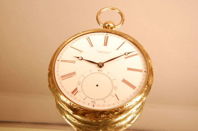 Joseph French 18 Kt Gold Pocket Watch, Key Wind, : Joseph French 18 Kt Gold Pocket Watch, Key Wind, Missing second hand. 3"L Ca. 1870