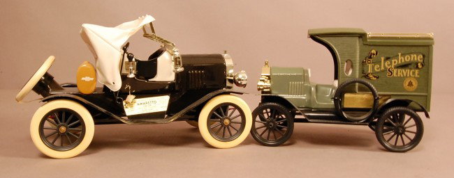 2 Model Cars Telephone Truck 1918 Chevy 8 1/2" t : 2 Model Cars Telephone Truck 1918 Chevy 8 1/2" t x 14" l x 7 1/2" d