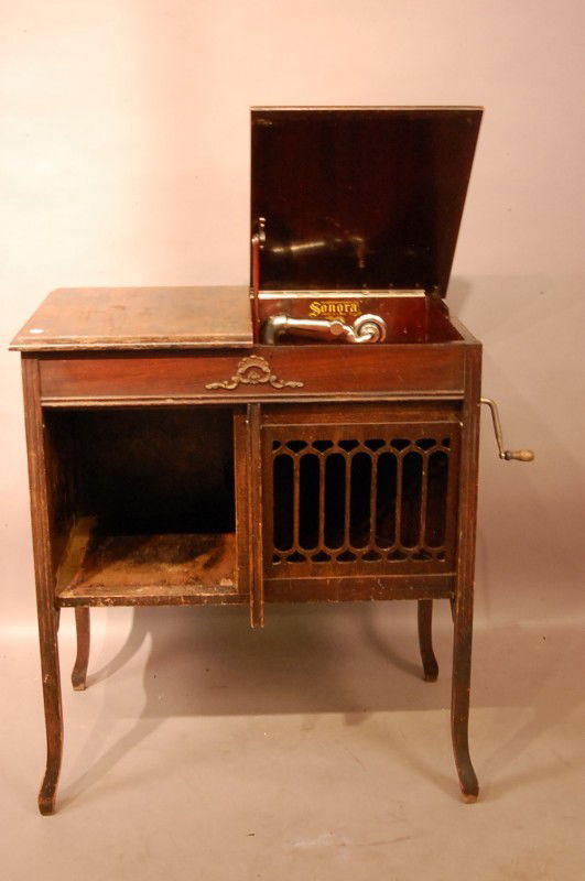 "Sonora" Photograph in mahogany case: "Sonora" Photograph in mahogany case. Door missing on lower left. Apprx. 20 original records, Bob Willis & Texas Playboys, Gene Autry & Jimmy Long, Tex Ritter, Roy Acuff. Ca. 1920's