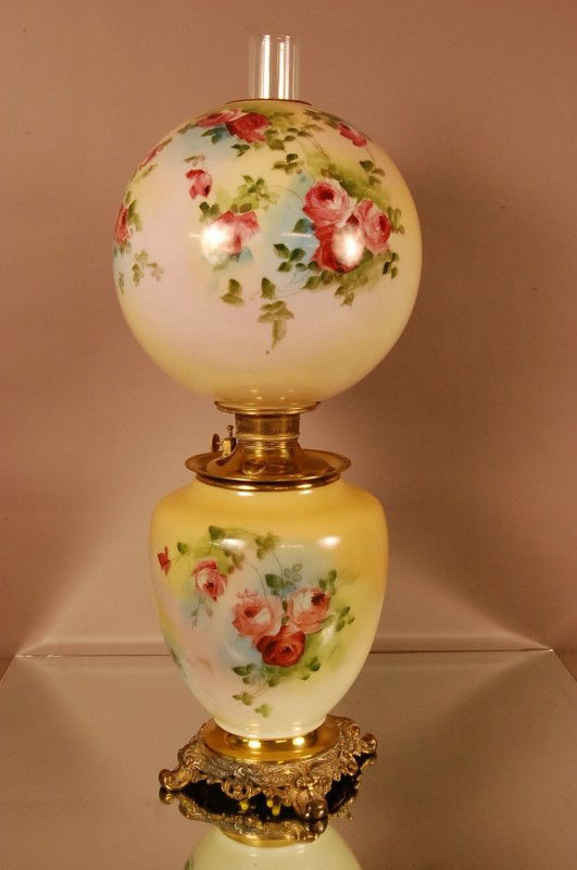 Larkin Gone With the Wind Lamp. Jumbo size. Match: Larkin Gone With the Wind Lamp. Jumbo size. Matching shade and base. Floral decoration. Electrified. 30" t x 11" w x 11" d. Ca. 1895