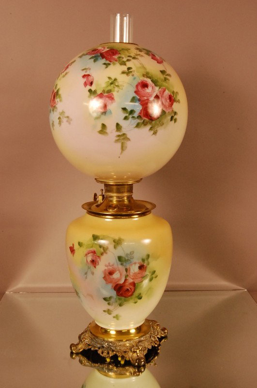 Larkin Gone With the Wind Lamp. Jumbo size. Match: Larkin Gone With the Wind Lamp. Jumbo size. Matching shade and base. Floral decoration. Electrified. 30" t x 11" w x 11" d. Ca. 1895