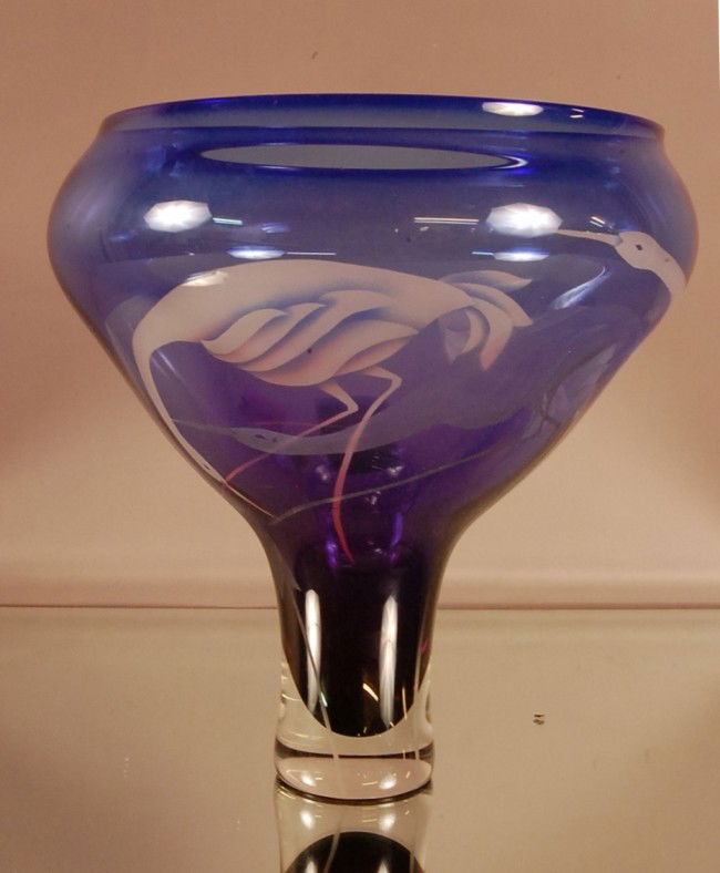 Modern Art Glass Center Pieces. Pink floral desig: Modern Art Glass Center Pieces. Pink floral design on blue. Marked 1999-256. Signed on base. L. Thol. M. Malin 12" x 12"