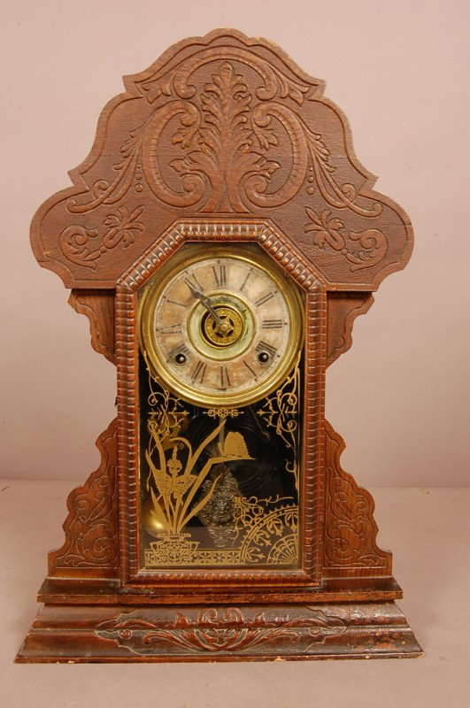 Sessions Oak Shelf Clock. Original finish some lo: Sessions Oak Shelf Clock. Original finish some loss on dial. 23 1/2" t x 15 1/2" w x 4 1/2" d Ca. 1900