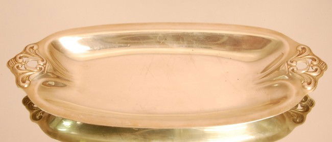 Art Noveau Style Sterling Silver Serving Tray. Sig: Art Noveau Style Sterling Silver Serving Tray. Signed Royal Danish Marked Sterling. 13" l x 5 1/2" w App. 13 Troy oz. Ca. 1910