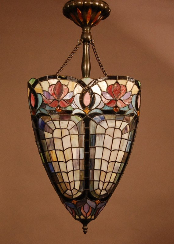 Stain & Leaded Glass contemporary hanging light fi: Stain & Leaded Glass contemporary hanging light fixture. 32" x 16"