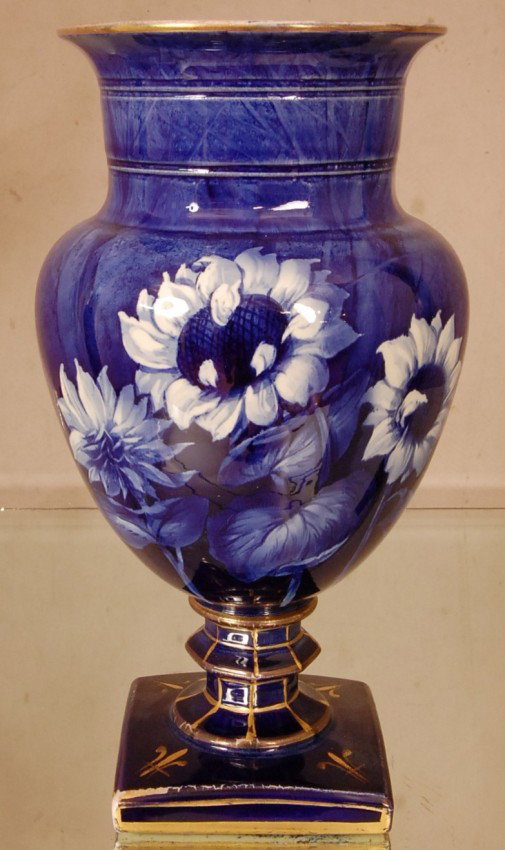 Royal Bonn Cobalt Vase. Sunflower Design Artist Si: Royal Bonn Cobalt Vase. Sunflower Design Artist Signed J. Miller 12" t x 7" w Marked on Bottom. Ca. 1900