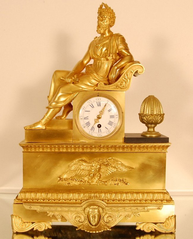 French Figural Dore Bronze "Neptune" mantel cock. : French Figural Dore Bronze "Neptune" mantel cock. Porcelain Dial 22" t x 15" w x 7" d Ca. 1860