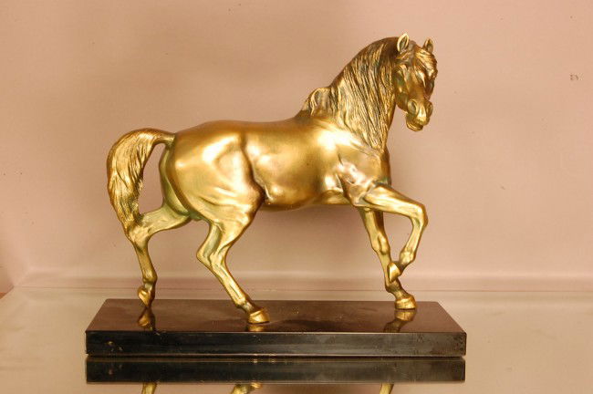 Bronze Stallion Statue on slate base. 14" l x 6": Bronze Stallion Statue on slate base. 14" l x 6" w x 12" t Ca. 1980