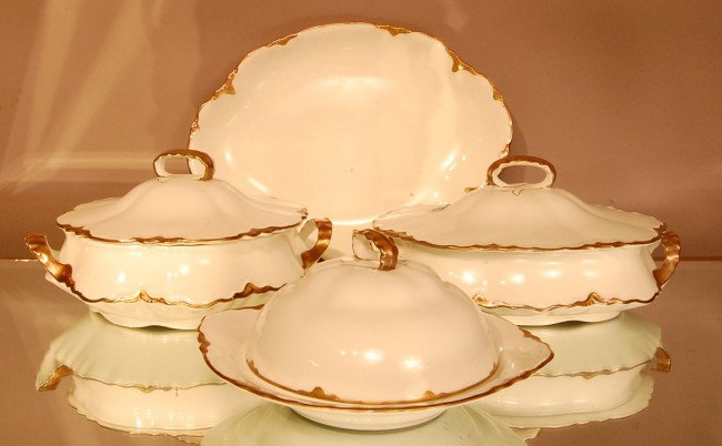 Homer Laughlin Louis XVI style serving set. 2 cov: Homer Laughlin Louis XVI style serving set. 2 covered dishes & butter dish. 18K gold trim Signed on back.