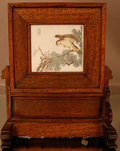 Chinese Ivory panel & stand 2 Sided Artist signed: Chinese Ivory panel & stand 2 Sided Artist signed. Eagle on one side. Horse on other. 7 1/2" t x 6" w Ca. 19880