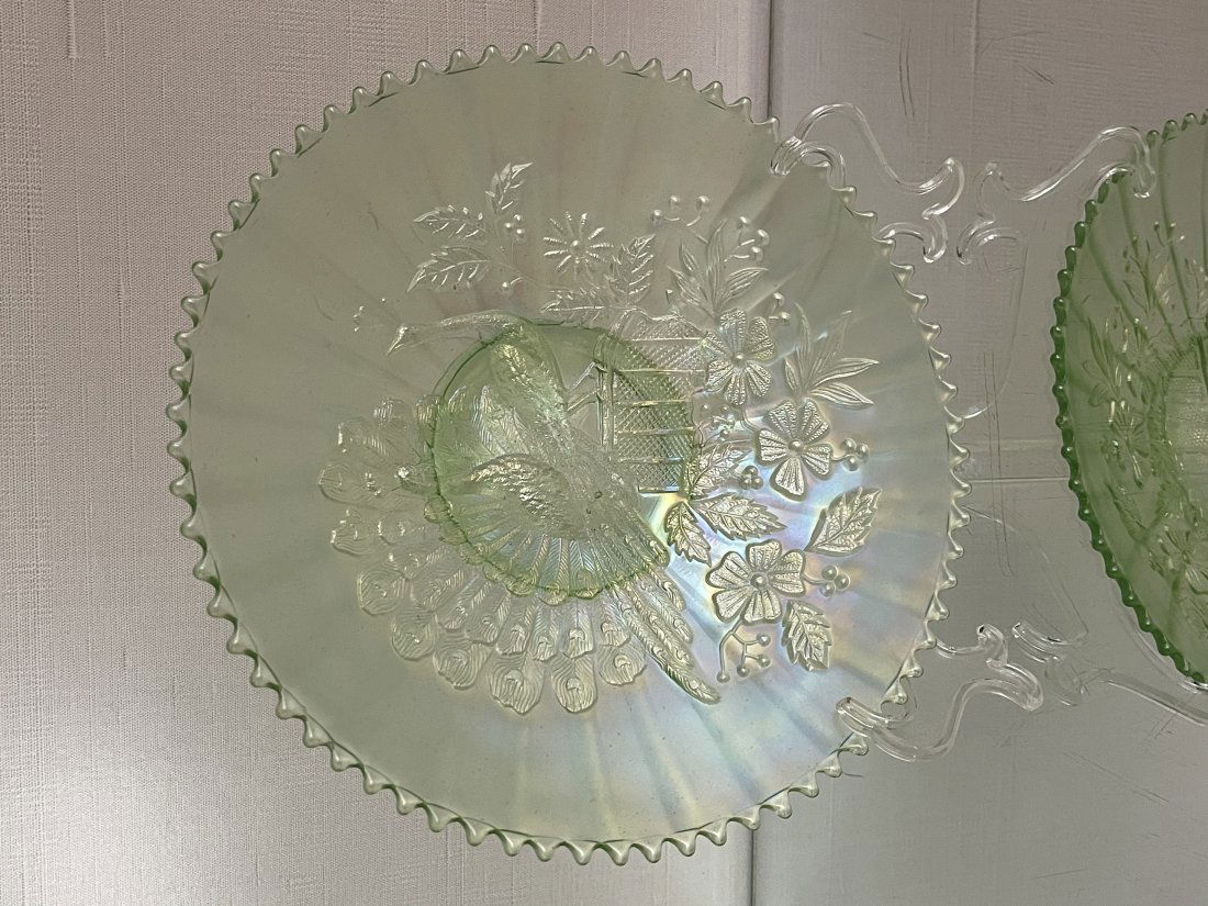 Northwood carnival glass plate Peacocks on fence pattern ice green (1 of 1)