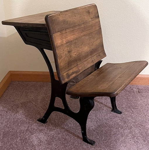 Antique Child School Desk 5 Wood And Iron Construction With Folding Seat