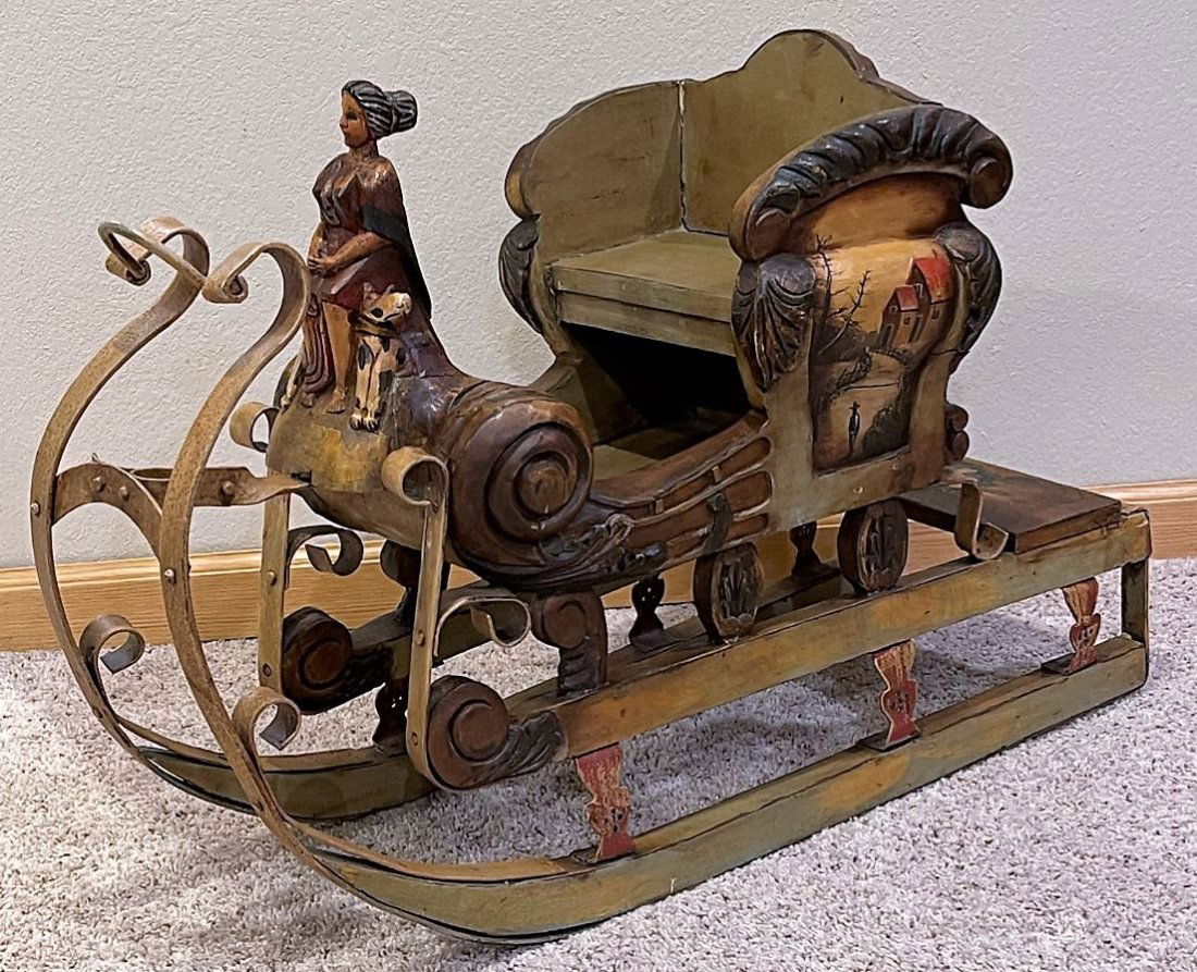 vintage childâ€™s push sled carved wood with metal runners (1 of 1)