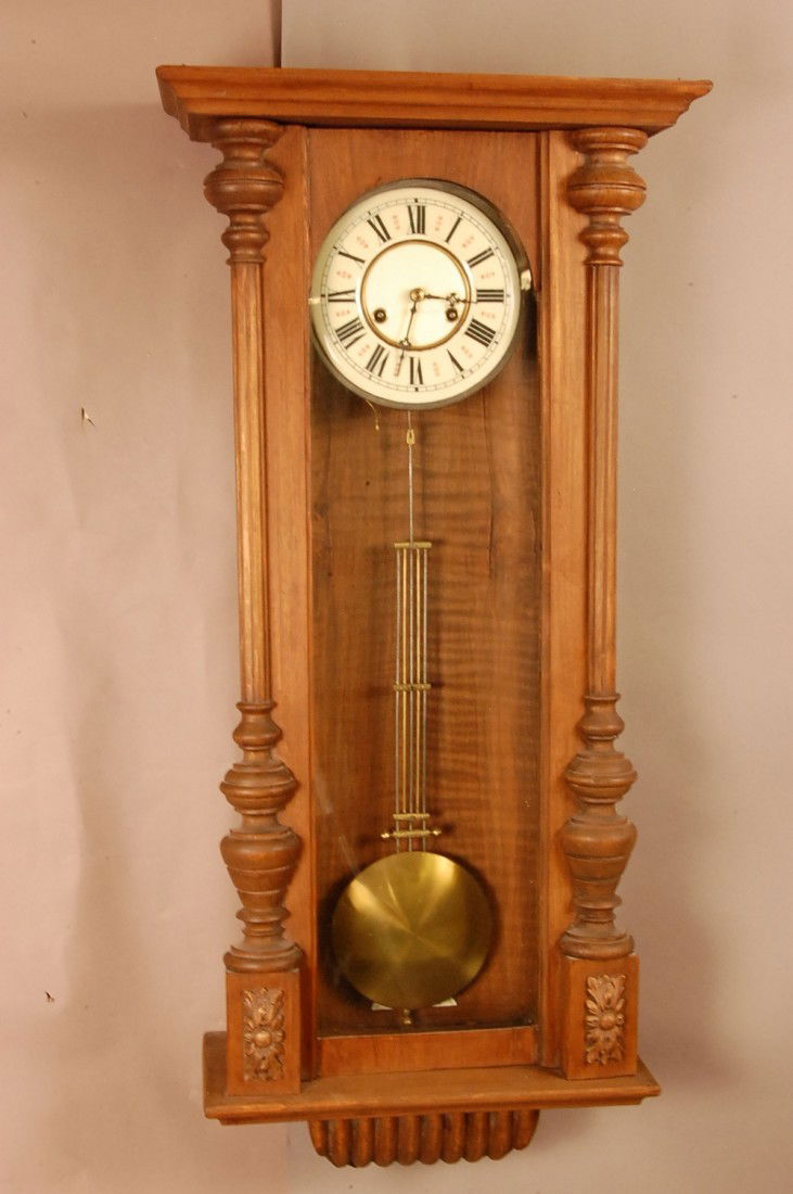 Vienna R.A. Regulator wall clock, time & strike. P: Vienna R.A. Regulator wall clock, time & strike. Porcelain dial, walnut case. 36" t x 14" w x 7" d Ca. 1890