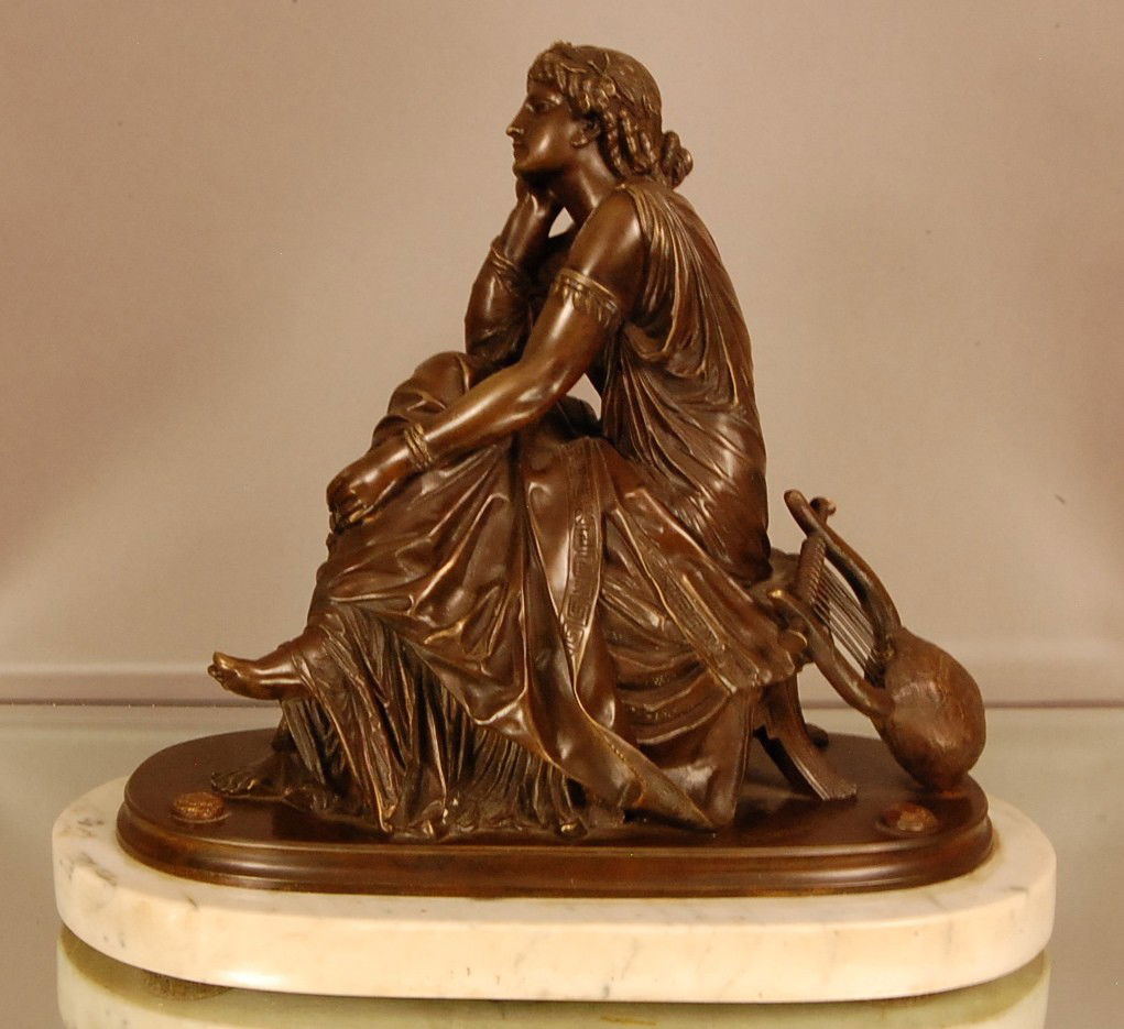 Figural Bronze Statue of Madelin with harp on marb: Figural Bronze Statue of Madelin with harp on marble base. Signed Schoenewenk 14" t x 16" l x 8" w