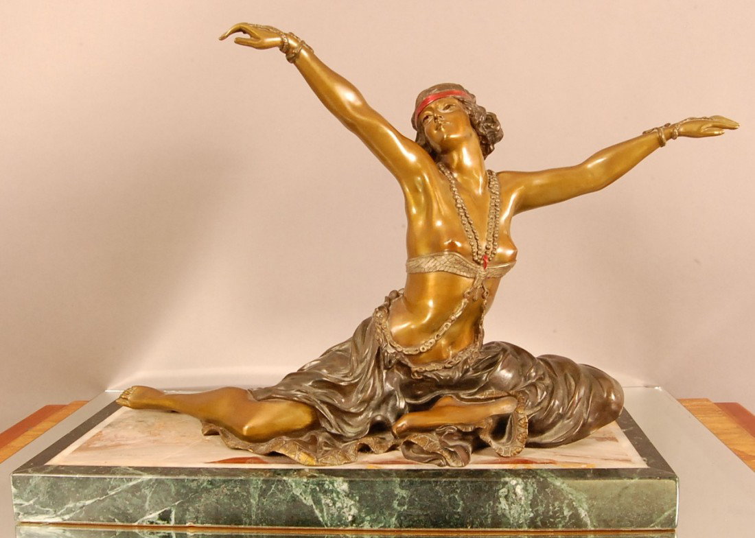 Art Noveau French style Bronze of Dancing Nude wom: Art Noveau French style Bronze of Dancing Nude woman on marble base. Signed on base. Theban Dancer by Clare Jeanne Robertine.