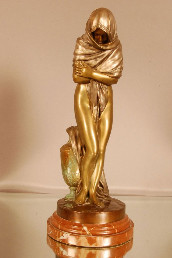 " Shiver" French Bronze Statue by Houdon on: "Shiver" French Bronze Statue by Houdon on marble base. F. Barbediene Foundry 7" w x 19" t Ca. 1910
