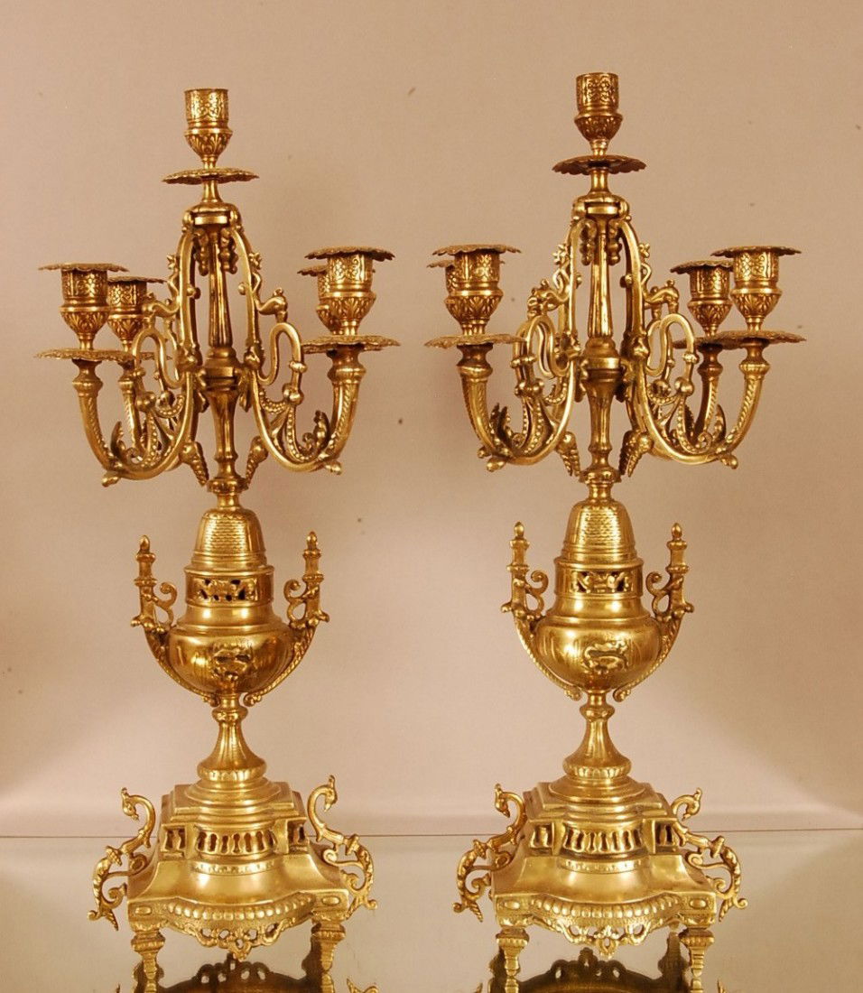 Pair of Bronze Candleabras. Oriental style 4 arms: Pair of Bronze Candleabras. Oriental style 4 arms on base. 8" w x 21" t Ca. 1900