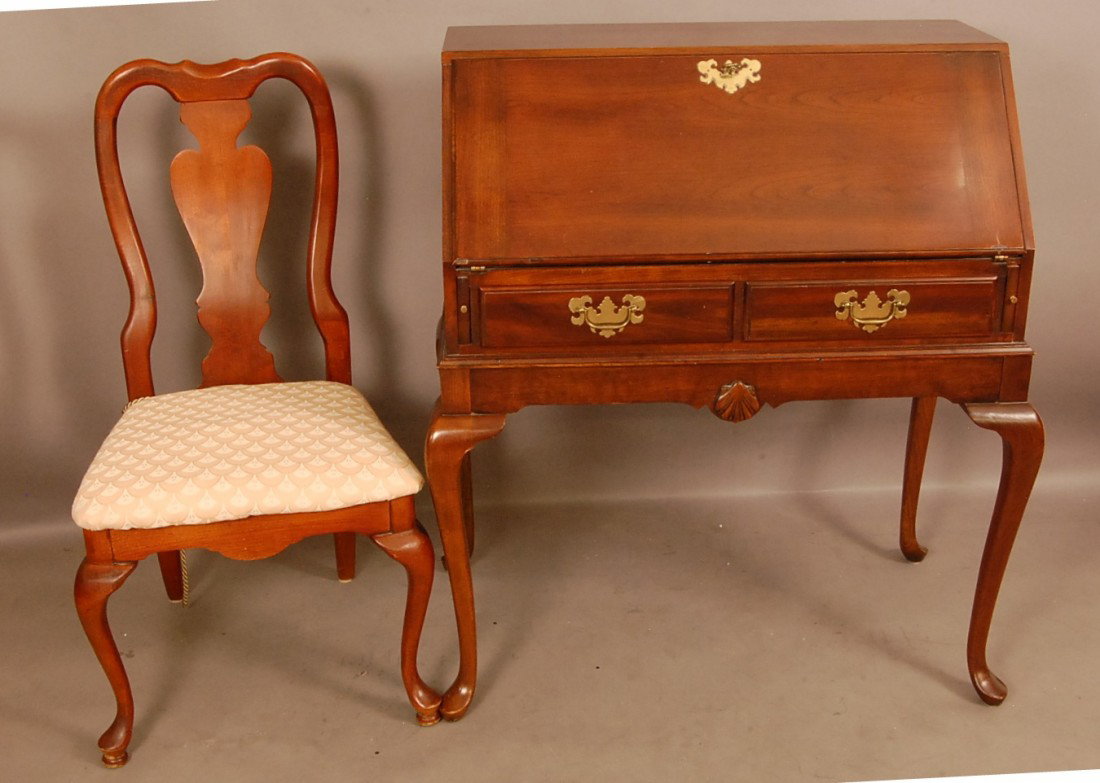 Queen Ann Style Drop Front Cherry Wood Desk & Chai: Queen Ann Style Drop Front Cherry Wood Desk & Chair 41" t x 34" w x 20" d Desak