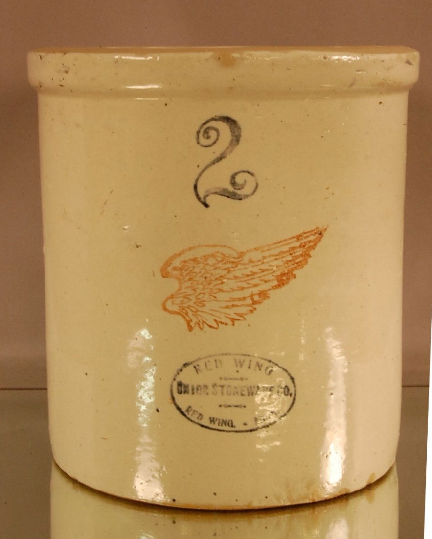 2 Gal. Red Wing Crock Some losses. 9 1/2" d x 10: 2 Gal. Red Wing Crock Some losses. 9 1/2" d x 10" t Ca. 1900