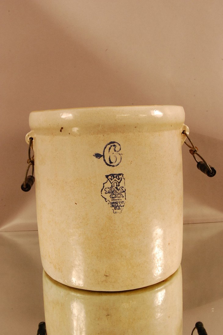 6 Gal. White Hall Crock, WhiteHall Ill. 14" d x: 6 Gal. White Hall Crock, WhiteHall Ill. 14" d x 4" t Lairline Cracks. Ca. 1910