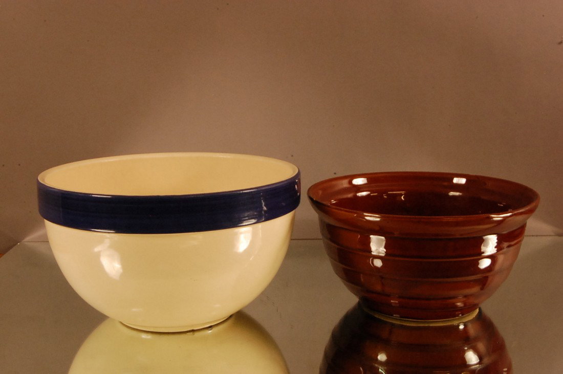 2 Stoneware Blowl Blue 10" d x 5" t; Brown 9" d: 2 Stoneware Blowl Blue 10" d x 5" t; Brown 9" d 5" t