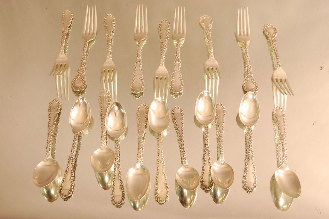 R.W. & S Sterling Silver S: Various patterns 9 Forks, 11 Spoons. Aprx 17 Troy oz. Wt. Ca. 1910
