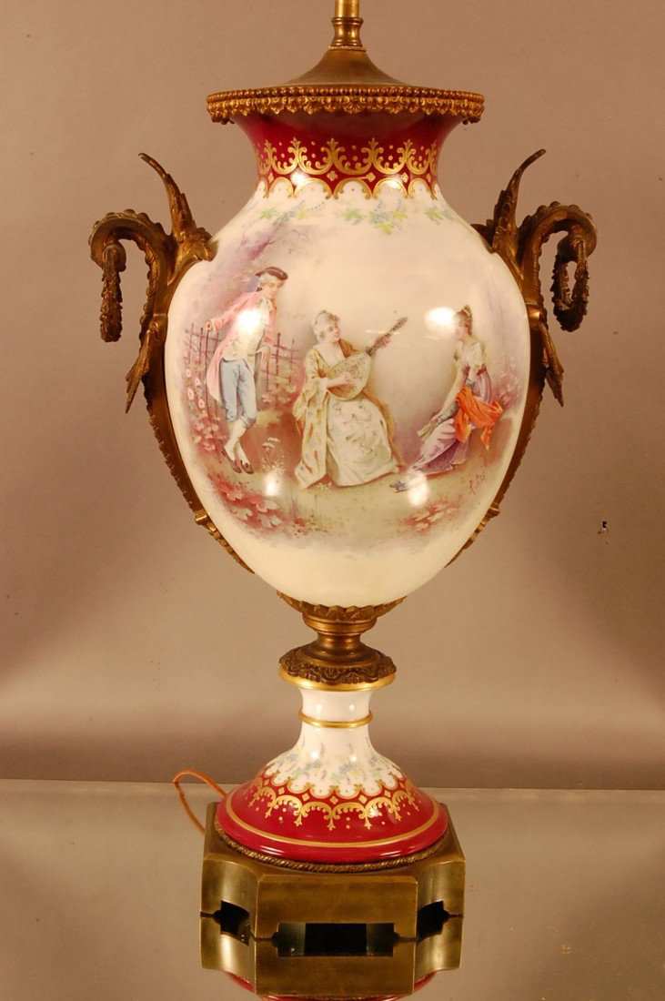 Serves style French Porcelain Vase Lamp: Scenic panels on front & back. Artist signed Dore Bronze R. Petit 34" t x 12" w Electrified Ca. 1900