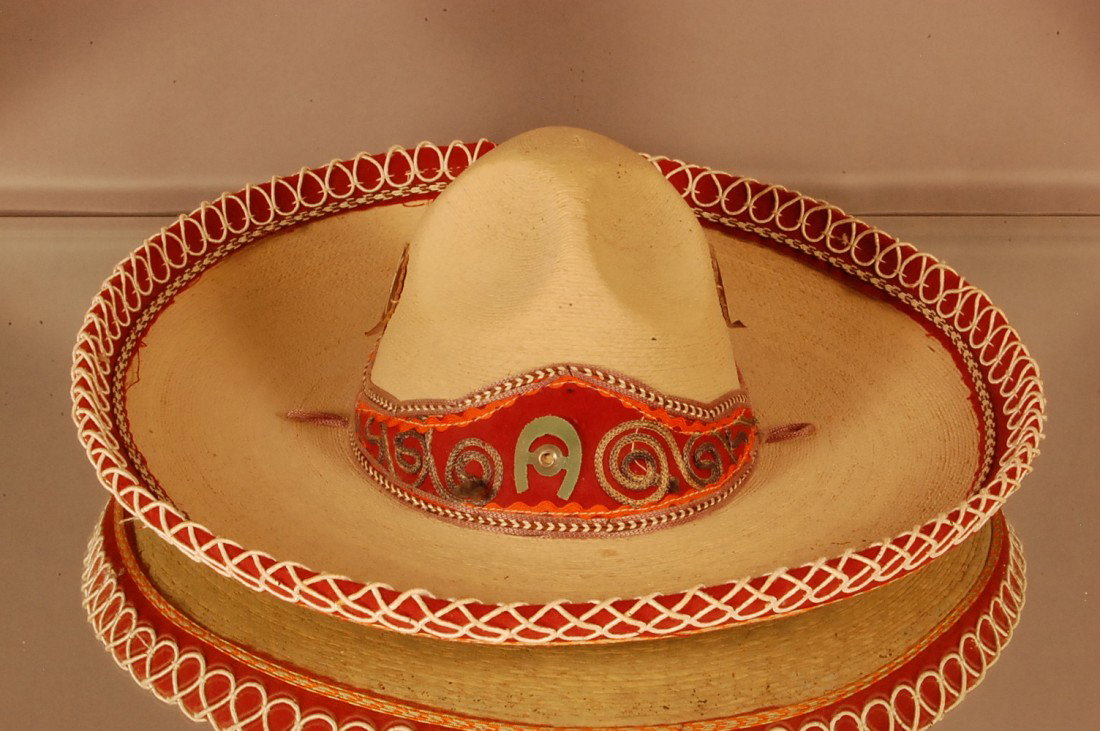 Sombrero with Decorative crown: Leather decals on each side. Sombrero De. Calibad Hecho in Mexico. 17" d Ca. 1950