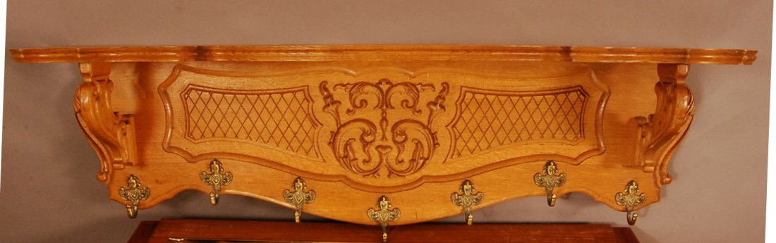Carved German Oak Hat Rack.: Quartered Oak construction 42" l x 12" t x 8" d Ca. 1910