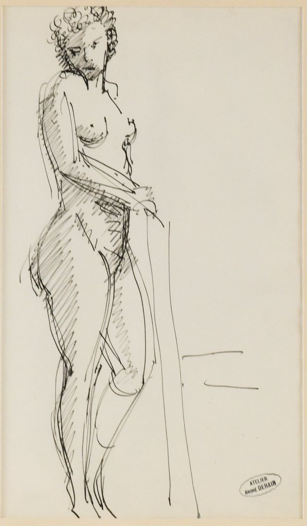 Andre Derain "Nude Standing to the Right" Ink Drawing Bearing the Stamp of the Studio.: 16”x12” 10.5”x6” Exposition Galerie Schmit, Paris, 30 April, 9 July 2003, nÂº D. 29Andre Derain was born in 1880 at Chatou, which was then a kind of artists' colony at the ga