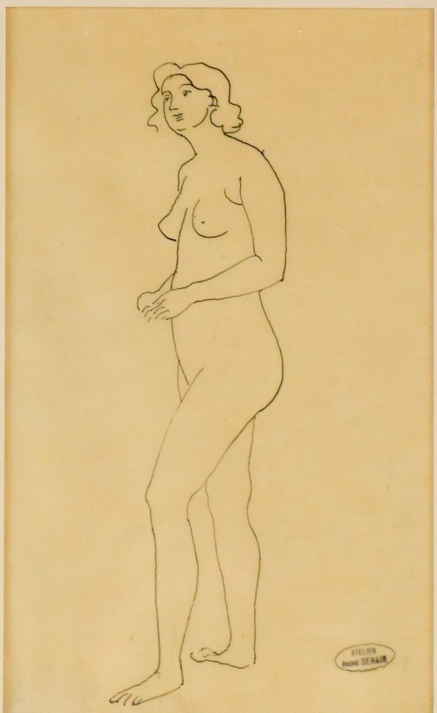 Andre Derain "Nude Standing Turned to the Left" Ink Drawing Bearing the Stamp of the Studio.: 16”x12” 10.5”x6” Exposition Galerie Schmit, Paris, 30 April, 9 July 2003, nÂº D. 53Andre Derain was born in 1880 at Chatou, which was then a kind of artists' colony at the ga