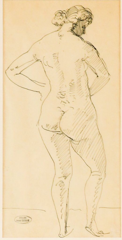 Andre Derain "Nude Standing From the Back" Ink Drawing Bearing the Stamp of the Studio.: 18”x12”12.25”x6” Exposition Galerie Schmit, Paris, 30 April, 9 July 2003, nÂº D. 12Andre Derain was born in 1880 at Chatou, which was then a kind of artists' colony at the ga