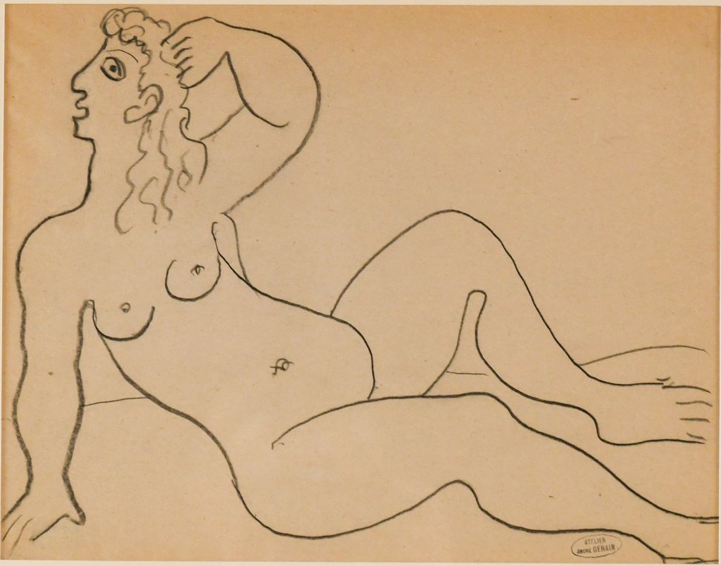 Andre Derain "Seated Nude Facing Left Arm Raised" Black Pencil Drawing Bearing the Stamp of the: 16”x19"9.5”x12.5” Exposition Galerie Schmit, Paris, 30 April, 9 July 2003, nÂº D. 151Andre Derain was born in 1880 at Chatou, which was then a kind of artists' colony at the gates