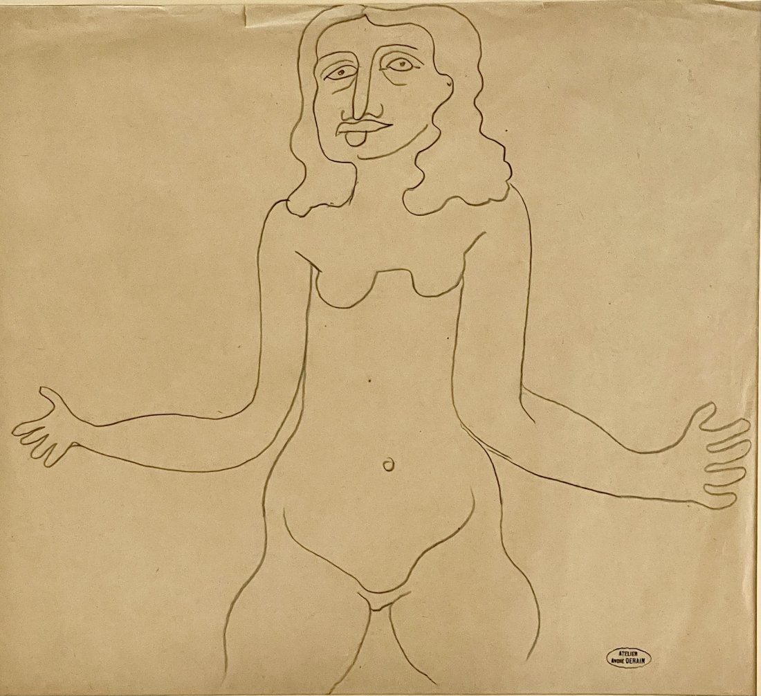 Andre Derain "Grotesque Nude" Black Pencil Drawing. Signed.1880-1954: 18.25”x19.75”13.5”x15" AndrÃ© Derain â€œGrotesque Nude” Black Pencil Drawing. Signed.1880-1954Andre Derain was born in 1880 at Chatou, which was then a kind of artists' c
